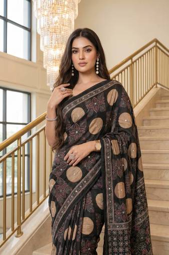 Black Color ajarakh Print And Real Mirror work Silk Blend Saree