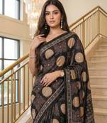 Black Color ajarakh Print And Real Mirror work Silk Blend Saree