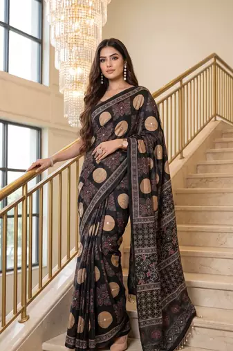Black Color ajarakh Print And Real Mirror work Silk Blend Saree