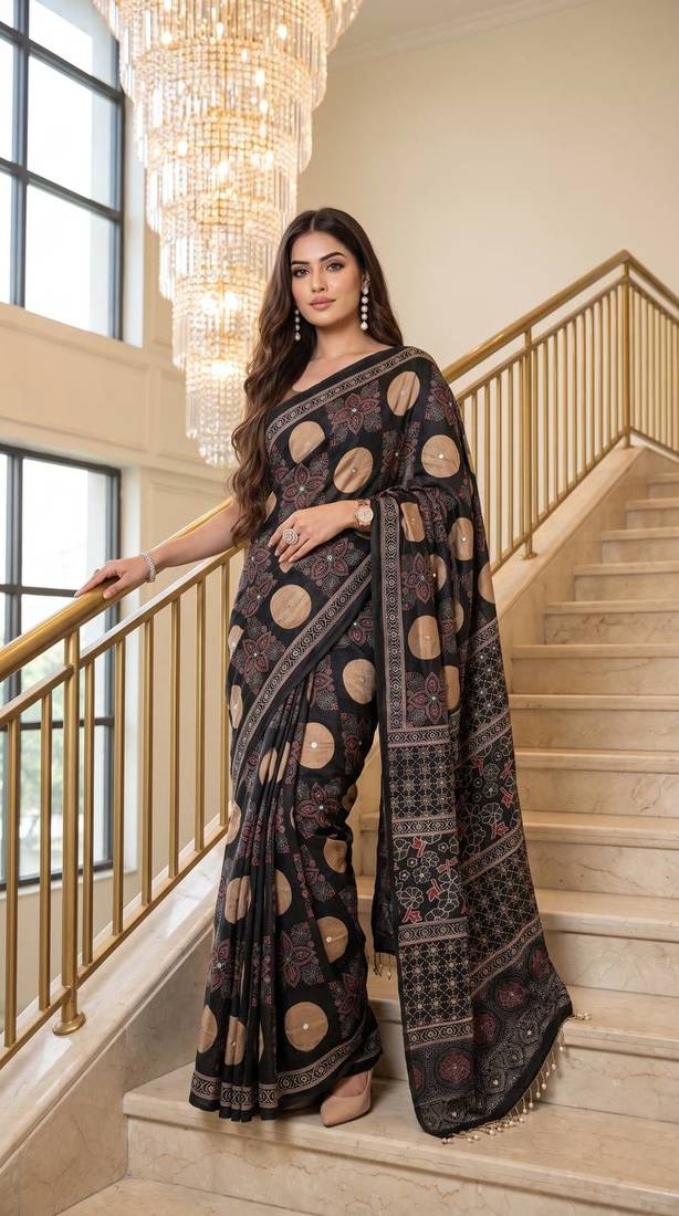 Black Color ajarakh Print And Real Mirror work Silk Blend Saree
