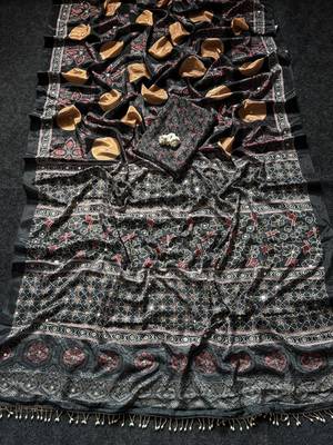 Black Color ajarakh Print And Real Mirror work Silk Blend Saree 3