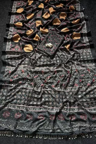 Black Color ajarakh Print And Real Mirror work Silk Blend Saree