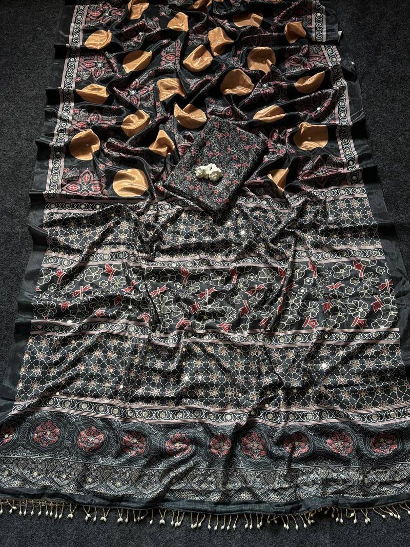 Black Color ajarakh Print And Real Mirror work Silk Blend Saree