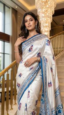 White Color ajarakh Print And Real Mirror work Silk Blend Saree 1