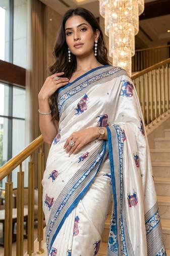 White Color ajarakh Print And Real Mirror work Silk Blend Saree
