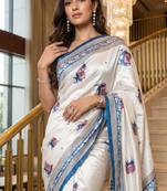 White Color ajarakh Print And Real Mirror work Silk Blend Saree