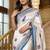 White Color ajarakh Print And Real Mirror work Silk Blend Saree