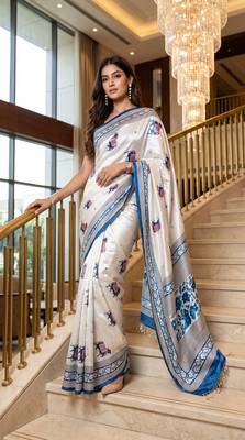 White Color ajarakh Print And Real Mirror work Silk Blend Saree 2
