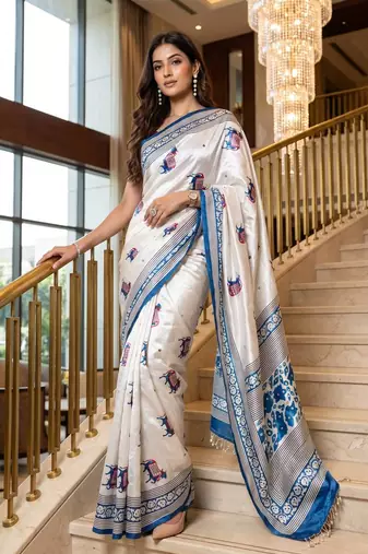 White Color ajarakh Print And Real Mirror work Silk Blend Saree