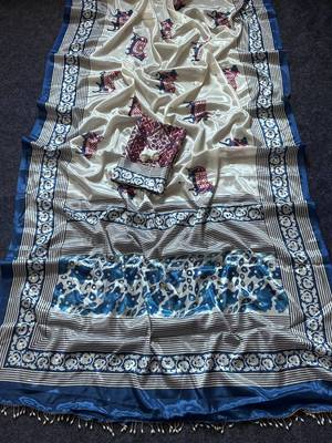 White Color ajarakh Print And Real Mirror work Silk Blend Saree 3