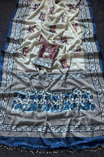 White Color ajarakh Print And Real Mirror work Silk Blend Saree