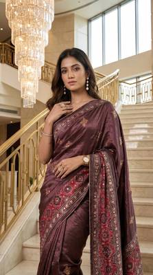Wine Color ajarakh Print And Real Mirror work Silk Blend Saree 1