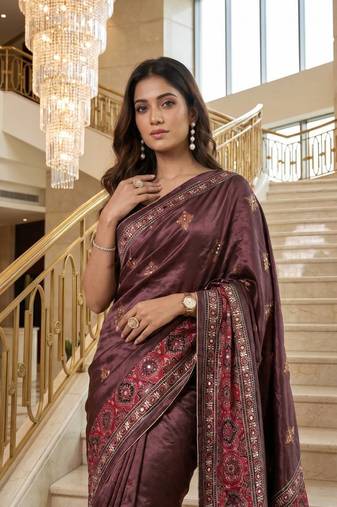 Wine Color ajarakh Print And Real Mirror work Silk Blend Saree
