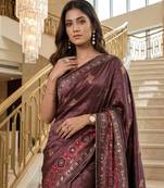 Wine Color ajarakh Print And Real Mirror work Silk Blend Saree