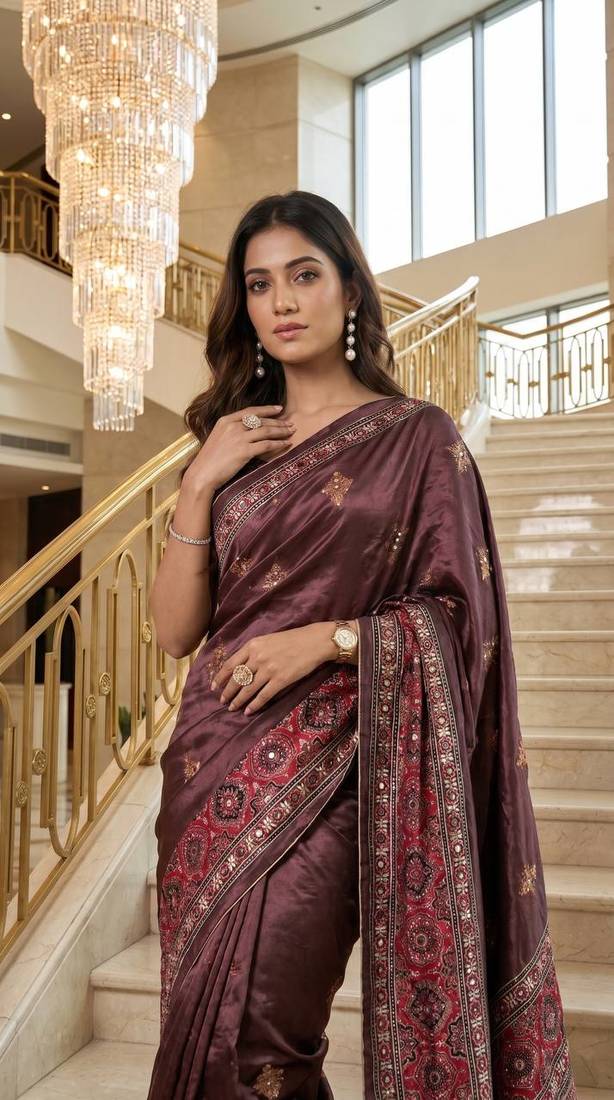 Wine Color ajarakh Print And Real Mirror work Silk Blend Saree