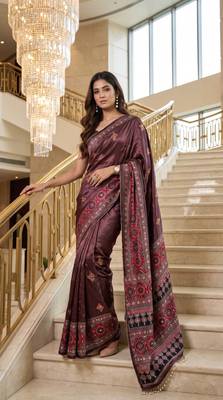 Wine Color ajarakh Print And Real Mirror work Silk Blend Saree 2