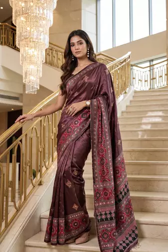 Wine Color ajarakh Print And Real Mirror work Silk Blend Saree
