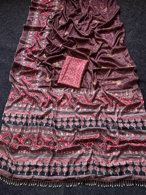 Wine Color ajarakh Print And Real Mirror work Silk Blend Saree 3