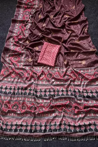 Wine Color ajarakh Print And Real Mirror work Silk Blend Saree