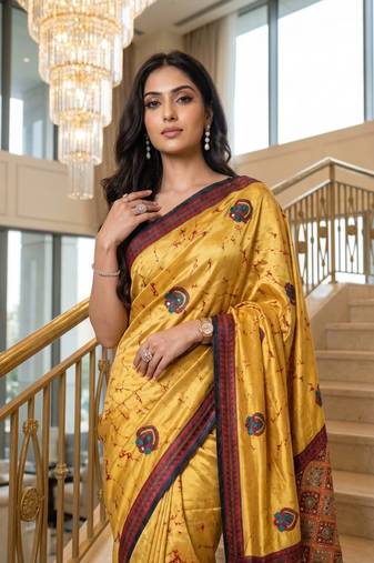 Yellow Color ajarakh Print And Real Mirror work Silk Blend Saree