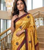 Yellow Color ajarakh Print And Real Mirror work Silk Blend Saree