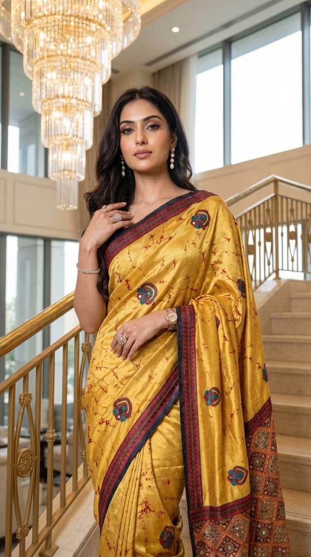 Yellow Color ajarakh Print And Real Mirror work Silk Blend Saree