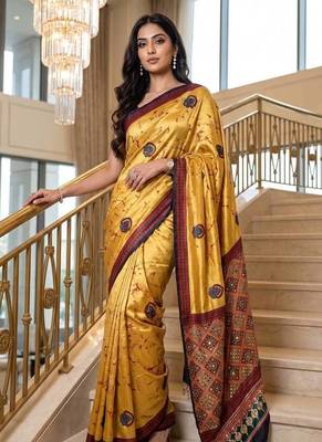 Yellow Color ajarakh Print And Real Mirror work Silk Blend Saree 2
