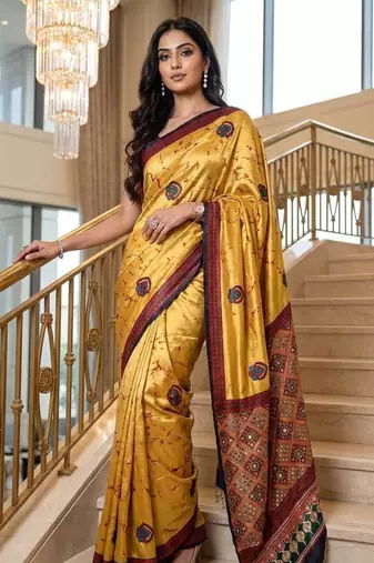 Yellow Color ajarakh Print And Real Mirror work Silk Blend Saree