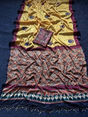 Yellow Color ajarakh Print And Real Mirror work Silk Blend Saree 3