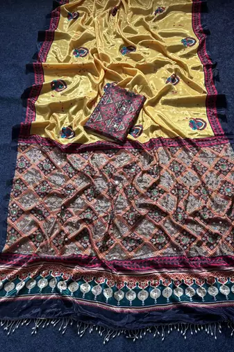 Yellow Color ajarakh Print And Real Mirror work Silk Blend Saree