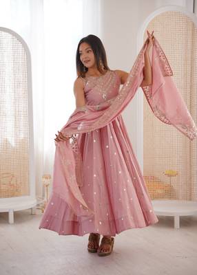 pink silk blend  readymade anarkali suit with embroidery & sequence work 1