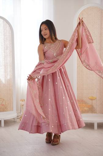 Pink Silk Readymade Anarkali Suit with Embroidery & Sequence Work