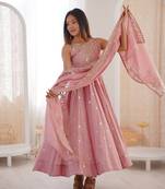 pink silk blend  readymade anarkali suit with embroidery & sequence work