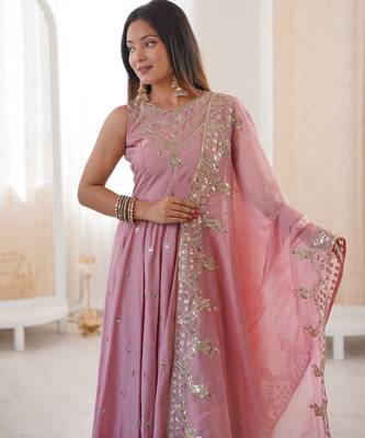 pink silk blend  readymade anarkali suit with embroidery & sequence work 2