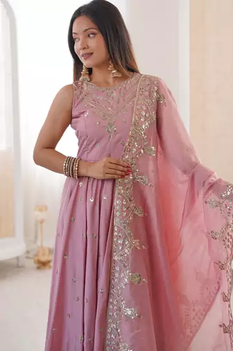 pink silk blend  readymade anarkali suit with embroidery & sequence work