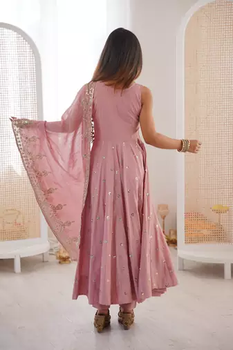 pink silk blend  readymade anarkali suit with embroidery & sequence work