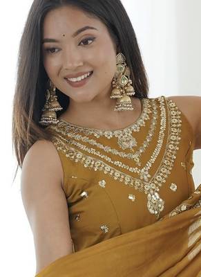 mustard silk blend  readymade anarkali suit with embroidery & sequence work 2