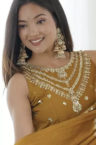 mustard silk blend  readymade anarkali suit with embroidery & sequence work