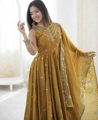 mustard silk blend  readymade anarkali suit with embroidery & sequence work 1
