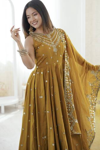 Mustard Silk Readymade Anarkali Suit with Embroidery & Sequence Work
