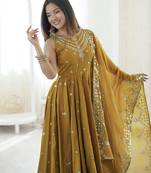 mustard silk blend  readymade anarkali suit with embroidery & sequence work