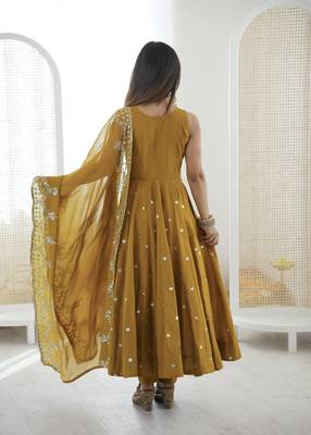 mustard silk blend  readymade anarkali suit with embroidery & sequence work 3