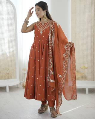 rust silk blend  readymade anarkali suit with embroidery & sequence work 1