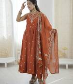 rust silk blend  readymade anarkali suit with embroidery & sequence work