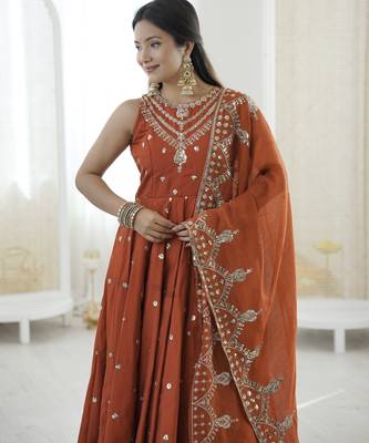 rust silk blend  readymade anarkali suit with embroidery & sequence work 2