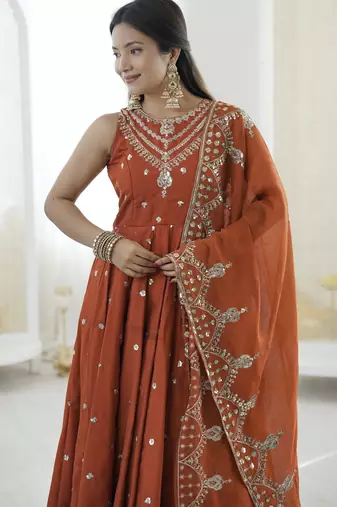 rust silk blend  readymade anarkali suit with embroidery & sequence work