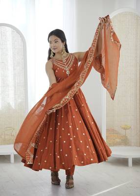 rust silk blend  readymade anarkali suit with embroidery & sequence work 3
