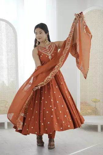 rust silk blend  readymade anarkali suit with embroidery & sequence work
