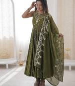 mehendi silk blend  readymade anarkali suit with embroidery & sequence work