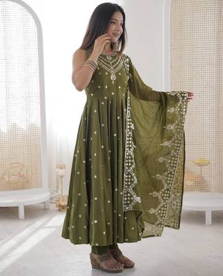 mehendi silk blend  readymade anarkali suit with embroidery & sequence work 2